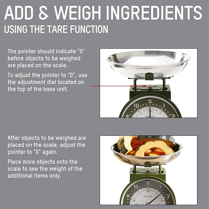 Taylor Mechanical Kitchen Weighing Food Scale with Bowl, Weighs up to 11lbs, Measures in Grams and Ounces, Food Scales for Kitchen, Green