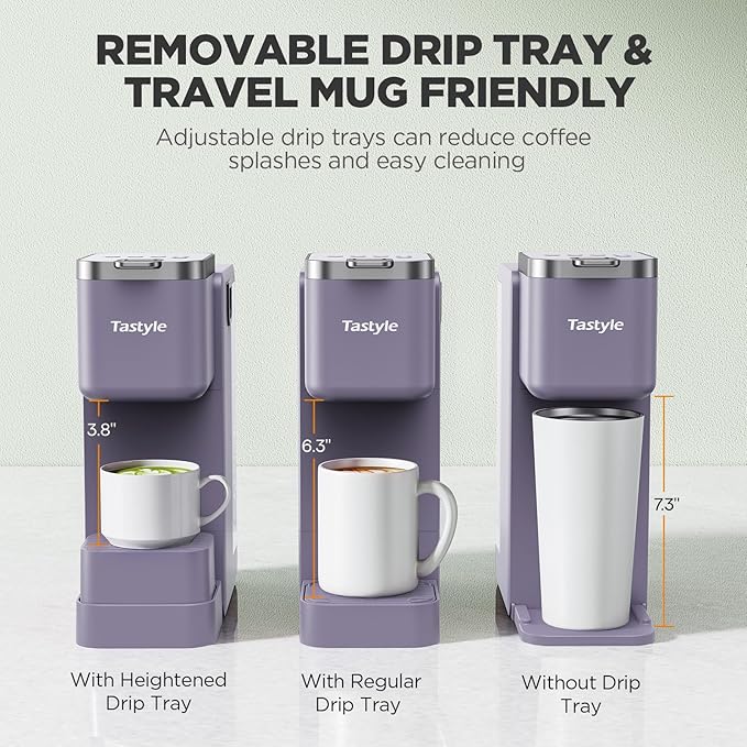Single Serve Coffee Maker with Built-in Detachable Milk Frother, Iced and Hot Coffee Machine for K Cup & Grounds, 40oz Removable Water Reservoir, 6 Cup Sizes, Fits 7.3" Travel Mug, Purple