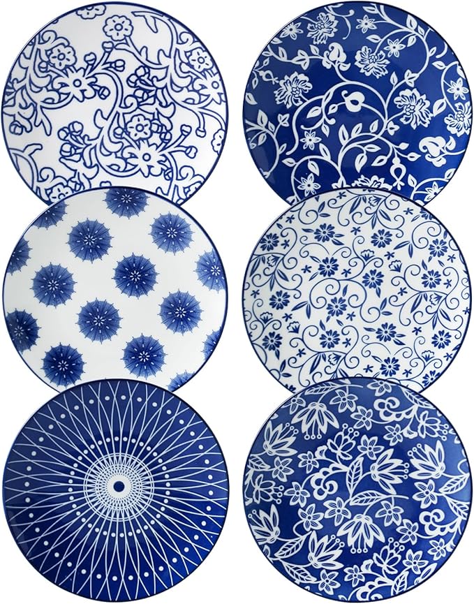 Ceramic Dessert Plates Set - 6 Inch Small Appetizer Plates for Kitchen - Salad Plate for Cake Snacks Side Dish, Microwave Dishwasher Safe, Gift, Vintage Blue
