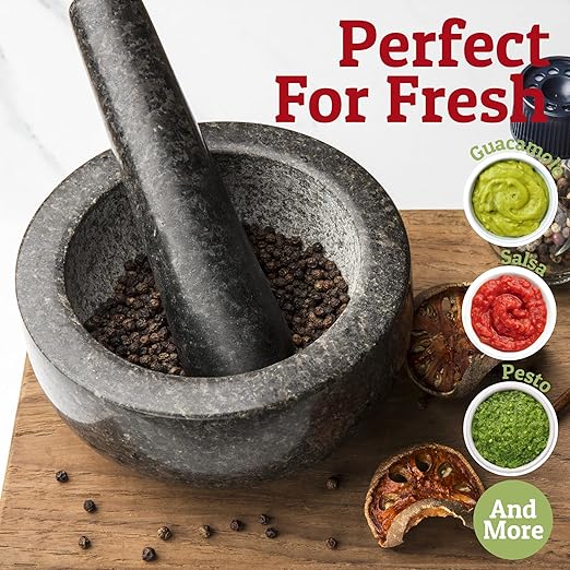 Priority Chef Heavy Duty Large Mortar and Pestle Set, 100% Granite, Non Slip Base, Make Fresh Guacamole, Salsa, Pesto, Stone Grinder Bowl, Herb Crusher, Spice Grinder, 4 Cup - Black