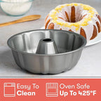 Cooking Light Heavy Duty Nonstick Bakeware Carbon Steel Fluted Tube Bundt Pan with Quick Release Coating, Manufactured without PFOA, Dishwasher Safe, Oven Safe, 9-Inch, Gray