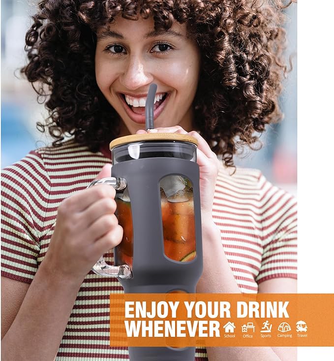 Glass Tumbler with Lid and Straw, 46 oz Iced Coffee Cup with Handle, Large Water Bottles with Silicone Sleeve, Glass Cup with Straws - Pearl Straw & Drinking Straw BPA Free-Grey