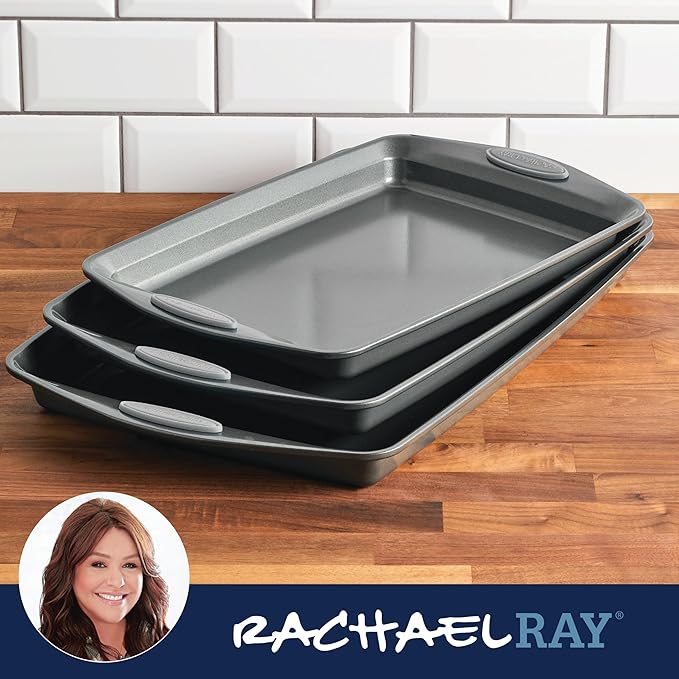 Rachael Ray Nonstick Bakeware Set with Grips, Nonstick Cookie Sheets / Baking Sheets - 3 Piece, Gray with Sea Salt Gray Grips