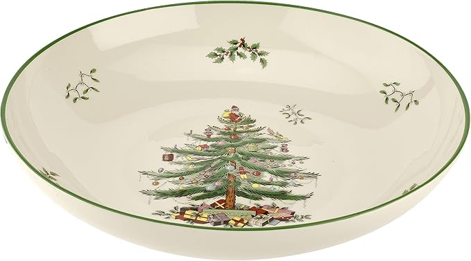 Spode Christmas Tree Collection Pasta Bowl - Large 13-Inch Serving Bowl, Dishwasher, Microwave, and Freezer Safe, Made of Porcelain, Serveware, Christmas Tree Design, Green/Beige
