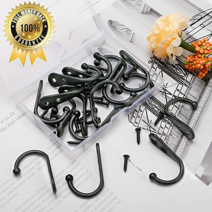25 Pcs Black Wall Mounted Coat Hooks, Hanger Hook with 50 Pieces Screws for Hanging Hat, Towel, Key, Robe, Coats, Scarf, Bag, Cap, Coffee Cup, Mugs