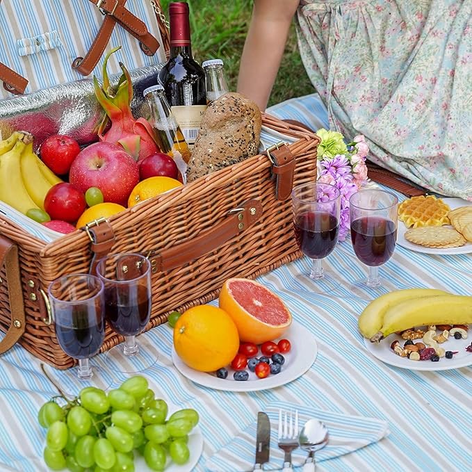 Picnic Basket Set for 4 Persons - Picnic Baskets with Large Insulated Cooler Compartment, Adjustable Shoulder Strap, Willow Hamper and Waterproof Blanket Set with Cutlery Service Kit