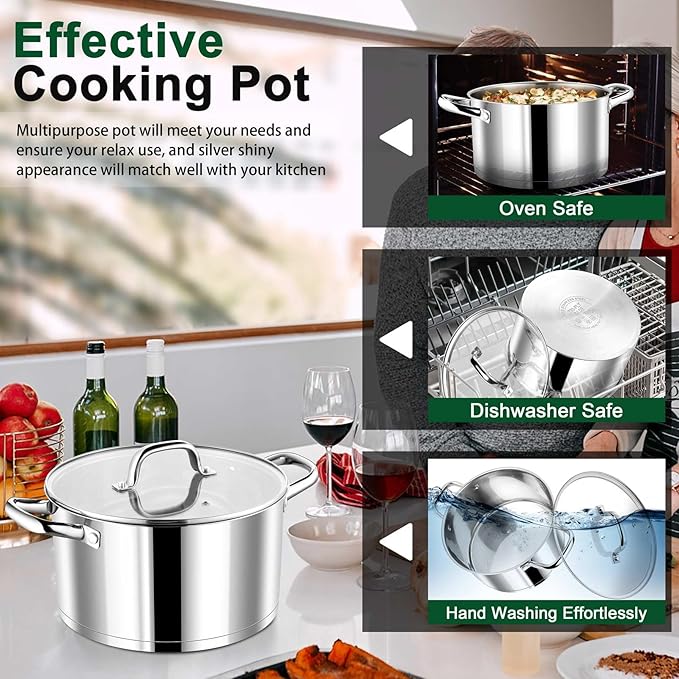 P&P CHEF 8 Quarts Cooking Stock Pot with Lid, Stainless Steel Stockpot Induction Pot for Soup, Tri-Ply Bottom & Clear Glass Lid & Double Handle, Dishwasher Safe