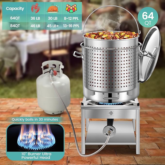 ARC 64QT Stainless Steel Seafood Boil Pot with 200,000BTU Propane Burner, w/Basket for Outdoor Deep Fryer, Large Cooking Pot for Turkey Fryer, Crab, Crawfish, Shrimp, Lobster Boiling Stock Pot