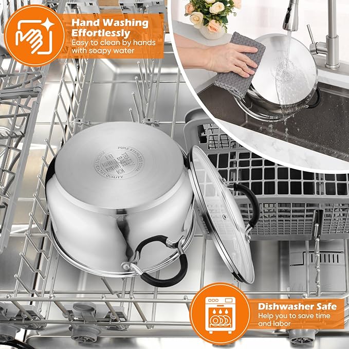 P&P CHEF Stainless Steel Stock Pot, 8 Qt Cooking Soup Pot with Visible Lid for Pasta, Tri-Ply Bottom & Dual Heatproof Handles, For Induction Gas All Stoves, Non-Toxic & Dishwasher Safe