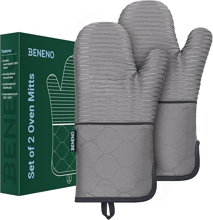 Beneno Kitchen Oven Mitts 2-Pack Heat Resistant to 500°F with Non-Slip Silicone Grip, Extra Long 14.3" Forearm Protection, Soft Quilted Cotton Terry Lining, Ideal for Cooking, Baking, Grilling, Gray