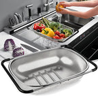 FirstE Over the Sink Colander Strainer Basket 6 Quart, Fine Mesh Stainless Steel Colander with Expandable Anti-slip Rubber Grip Handles, Kitchen Sink Vegetable Strainer for Drain Pasta, Rinse Fruits