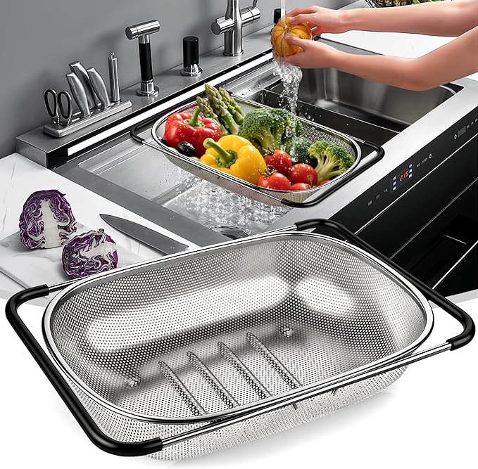 FirstE Over the Sink Colander Strainer Basket 6 Quart, Fine Mesh Stainless Steel Colander with Expandable Anti-slip Rubber Grip Handles, Kitchen Sink Vegetable Strainer for Drain Pasta, Rinse Fruits