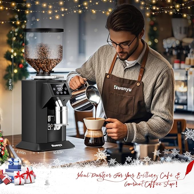 Huanyu Professional Coffee Grinder with 74mm Flat Burr 53ounce Bean Hopper 15 Infinite Grinding Settings Electric Coffee Grinder with Touching Screen Black