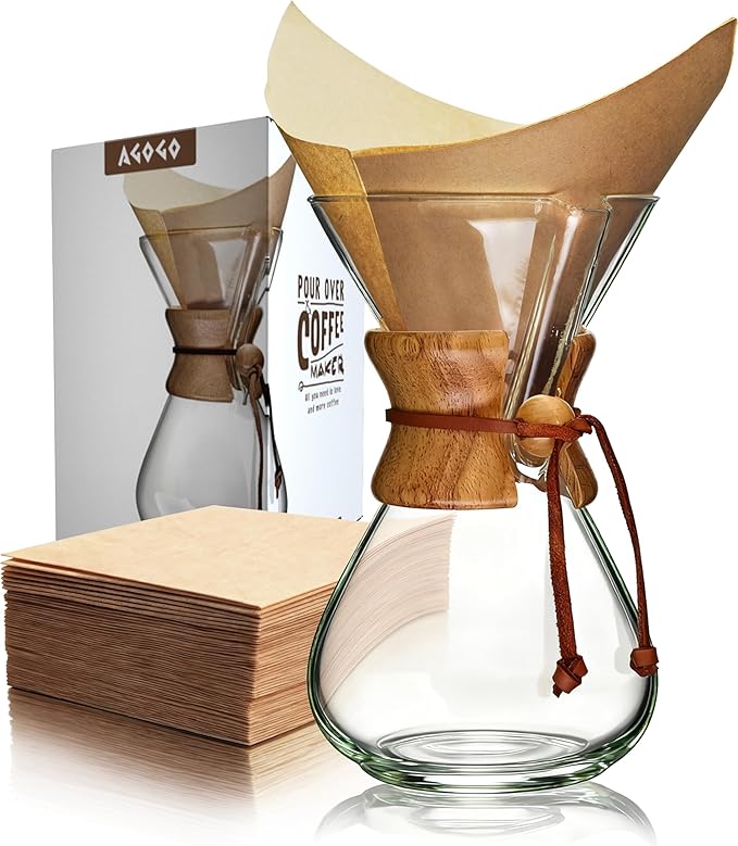 AGOGO Pour Over Coffee Maker Set Glass Coffee Maker with 50pcs Filter Paper -for Home, Office, Camping, Cafes - Easy Clean Coffee Dripper Set (Rag&Brush Included) (8 Cup/28 oz)