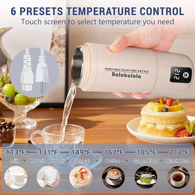 Travel Electric Kettle, Balabulala Portable Water Boiler with 6 Variable Presets,Small Electric Kettle with Keep Warm Temperature Controls & Boil Dry Protection, 17oz