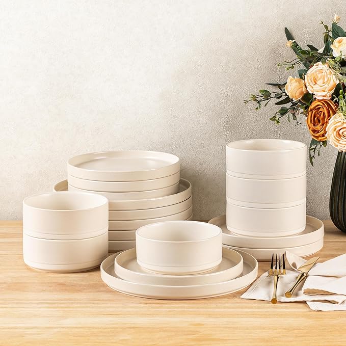 TheTerra Ceramic Dinnerware Sets for 6, 18 Pieces Handmade Reactive Glaze Plates and Bowls Set, Scratch Resistant Dish Set, Oven & Microwave & Dishwasher Safe, Matte White