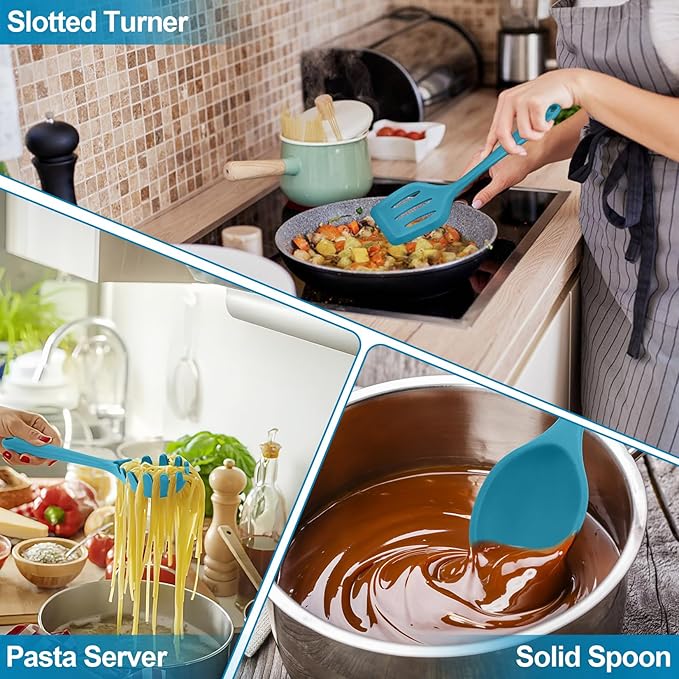 TeamFar Silicone Cooking Utensils Set of 6, Kitchen Utensils Set, Includes Ladle Slotted Turner for Non-stick Cookware, Healthy & One-Piece, Non-Scratch & Heat Resistant, Dishwasher Safe, Dark Blue