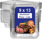9x13 Aluminum Pans with Lids, 30 Pack Extra Heavy Duty Large Foil Pans, Disposable Aluminum Trays for Baking, Cooking, Roasting Turkey, Food Prepping
