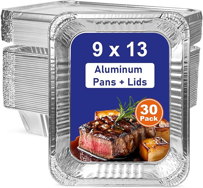9x13 Aluminum Pans with Lids, 30 Pack Extra Heavy Duty Large Foil Pans, Disposable Aluminum Trays for Baking, Cooking, Roasting Turkey, Food Prepping