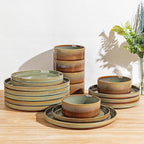 TheTerra Ceramic Dinnerware Sets for 6, 18 Pieces Porcelain Lightweight Plates and Bowls Sets, Scratch Resistant Dish Set, Oven & Microwave & Dishwasher Safe, Brown Green