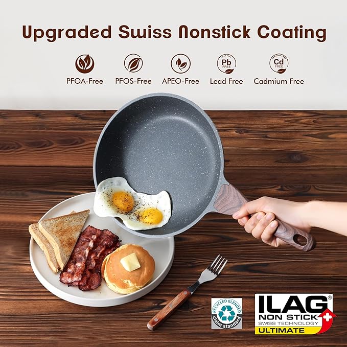 SENSARTE Nonstick Frying Pan Skillets, Swiss Granite Coating Omelette Pans, Healthy Cookware, Free of Intentionally Added PFOA (9.5 Inch Frying Pan and 5QT Saute Pan)