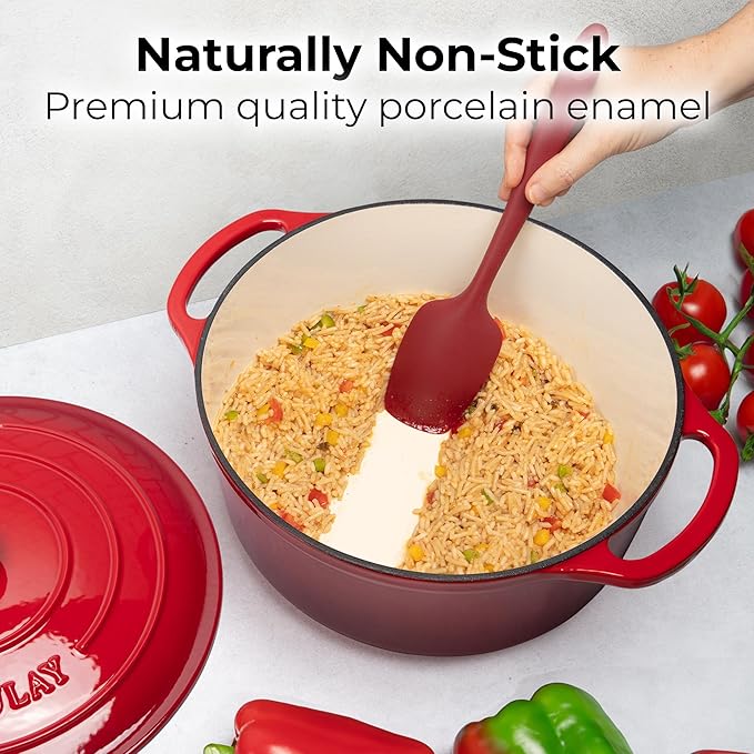 Zulay Kitchen 5 Quart Enameled Cast Iron Dutch Oven Pot with Lid – Premium Durability & Oven Safe up to 500°F – Heavy Duty Cookware Perfect for Bread Baking, Stews, Braising & Roasting – Red