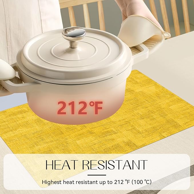 Romanstile Reversible Vinyl Placemats Set of 6, Faux Leather 100% Waterproof Oil-Proof Wipeable Place Mats, Heat Resistant Dual Sided Table Mats for Kitchen/Dining/Party (Grey Yellow, 12 x 17 Inch)