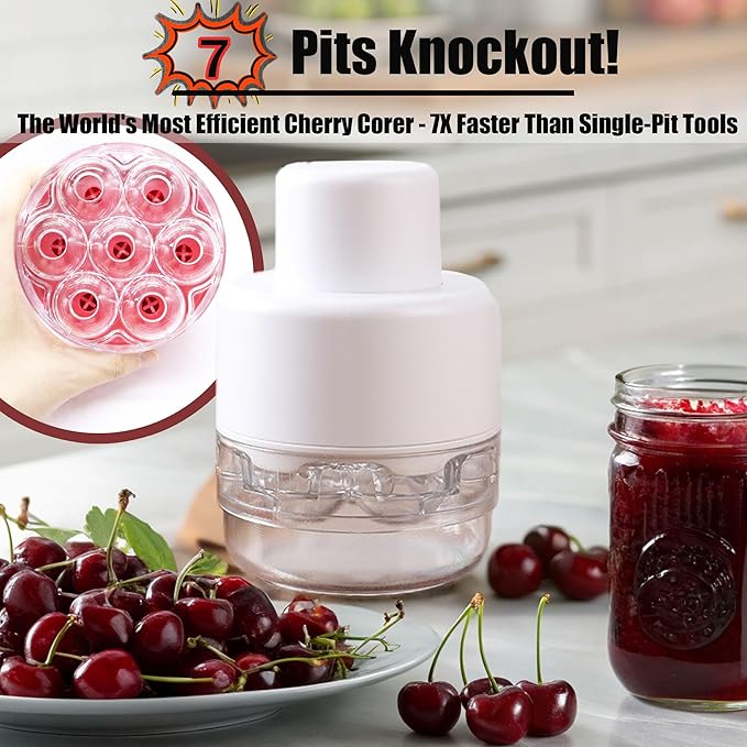 PCTC Cherry Pitter Tool - Pit Remover for Cherries, Multi-Functional Fruit & Vegetable Tool, Quick Release Remove 7 Cherry Pits at Once, Kitchen Gadget for Easy Prep (White)