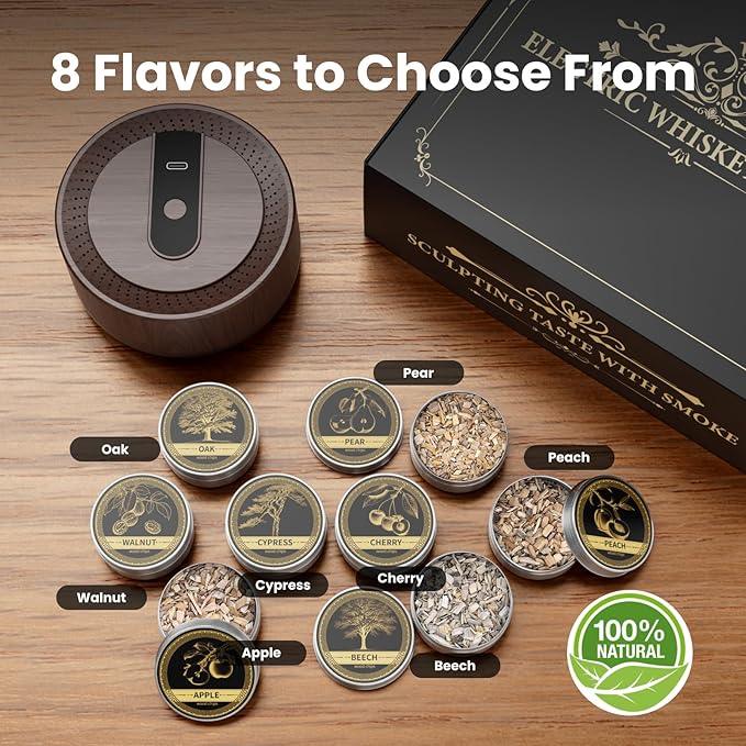 Vintage Electric Whiskey Smoker Kit with 8 Wood Chip Flavors – Rechargeable Whiskey Smoker with Built-in Ignition, Fuel-Free – For Men, Dad, Husband on Special Occasions – Wood Grain Design