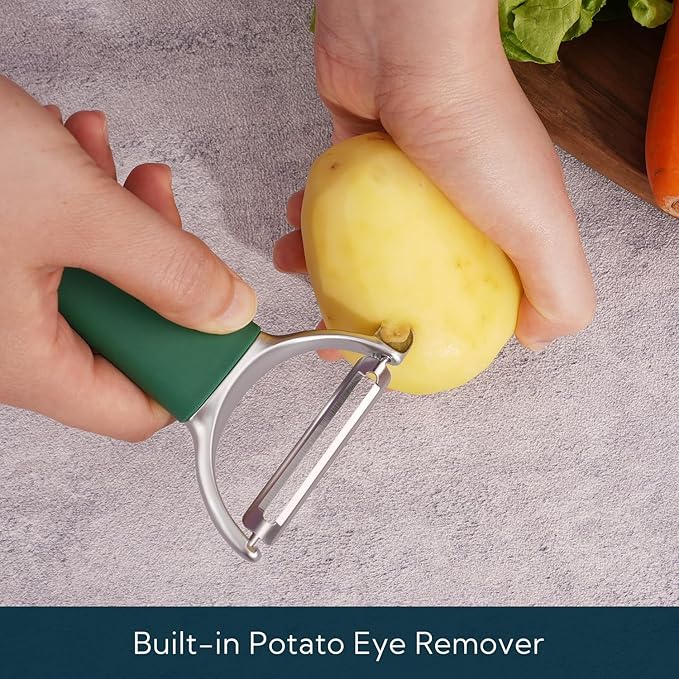KITCHENDAO Swivel Vegetable Potato Peeler for Kitchen, Japanese Stainless Steel Sharp Blade, Heavy Duty Die-cast Construction Y Peeler, Built-in Eye Remover, Soft-touch Handle, Dishwasher Safe, Green