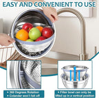 E-far Colander with Mixing Bowl Set, 4-1 Stainless Steel Colander Strainers Bowl with Graters for Kitchen, Rotatable Food Strainer Bowl for Rinsing Fruits Vegetables/Draining Pasta - Blue