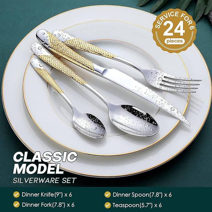 Hammered Silver Gold Silverware Set, OGORI 24-Piece 18/10 Stainless Steel Flatware Set, Service of 6