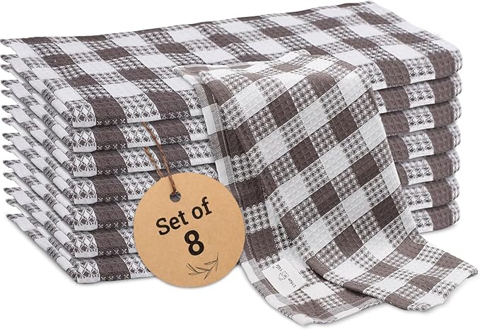 Urban Villa Cotton Dish Cloth Set of 8, Waffle Kitchen Cloth 12x12 Inch Highly Absorbent Soft Dish Cloths for Kitchen Cleaning & Drying Dishes Mitered Corner Dish Towels - Grey White, Buffalo Checks