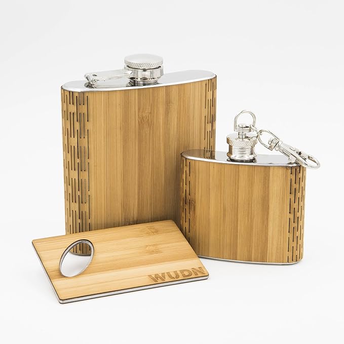 3-Piece Wooden Bar Set - 6 oz Hip Flask, 2 oz Keychain Flask & Credit Card Bottle Opener in Bamboo
