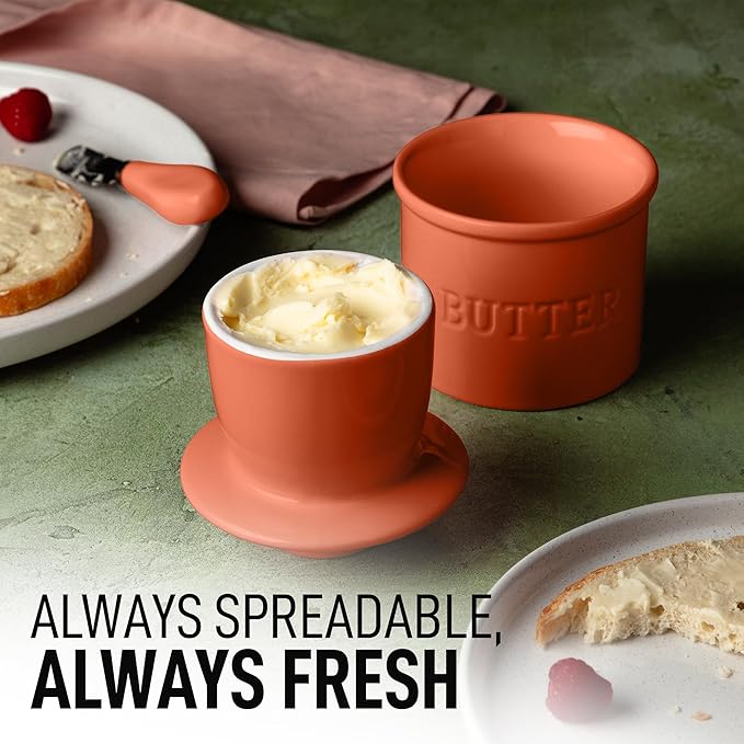 Zulay Kitchen Porcelain Butter Crock With Lid & Knife - Authentic French Butter Dish For Fresh & Spreadable Butter - Terracotta