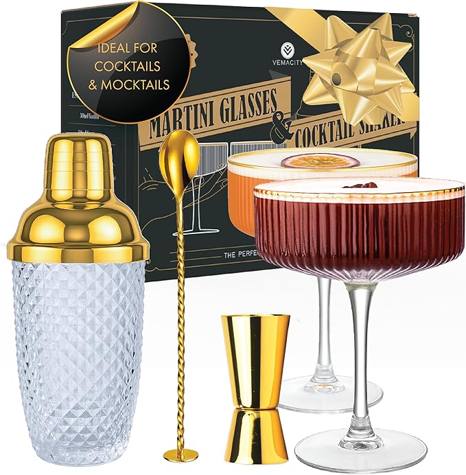 VEMACITY - Luxury Gold Cocktail Shaker Set - 15oz Glass Shaker with Strainer, 2 Gold-Rim 10oz Ribbed Martini Glasses and Bar Tools - Wedding Gift and Gift Sets