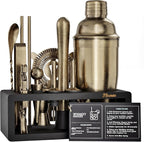 Brushed Brass Mixology Kit - 15 Piece Bar Tool Set, Silver Bar Set Cocktail Shaker Set for Drink Mixing - Includes Martini Shaker, Jigger, Strainer, Bar Mixer Spoon, Tongs, Opener | Gift Idea