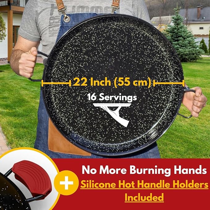 Paella Pan – Enamelled, No-Rust Steel Skillet – Easy-to-Clean Pan for Propane & Gas Burners – Indoor & Outdoor Cooking Cacerola Paellera Sarten – 22 Inch, for 16 Servings