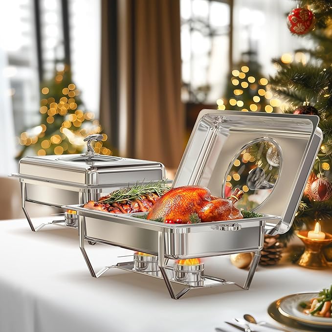Chafing Dishes for Buffet with Glass Lid (9QT, 2Pack) - Food-Grade Stainless Steel, Rolled Rim Design, Foldable Frame, Lid Holder, Buffet Servers and Warmers Parties, Catering, Weddings