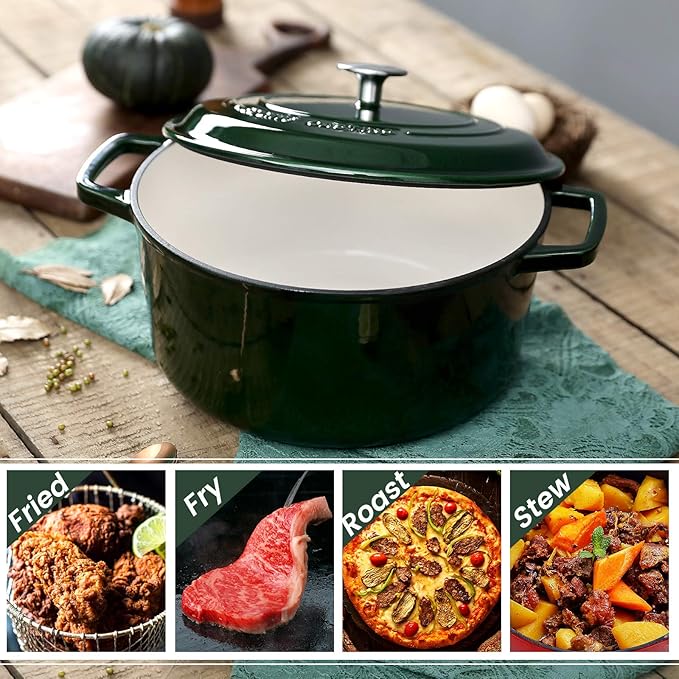 Enameled Cast Iron Dutch Oven Pot With Lid, Dutch Oven for Sourdough Bread Baking Round Pot Dule Handle, 7.5 Quart, Green