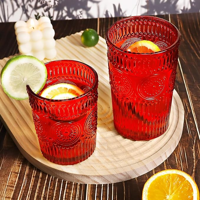 12pcs Vintage Drinking Glasses Set, 12 oz Highball Glasses & 9 oz Embossed Ribbed Glassware Cups for Cocktail, Water, Juice, Coffee, Whiskey (Christmas Red)