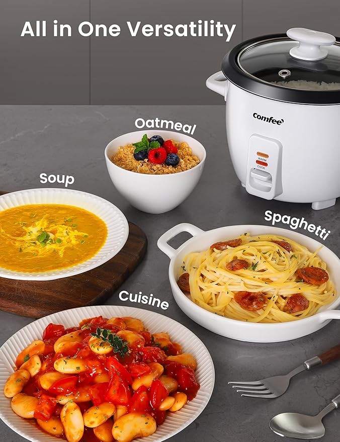 COMFEE' Rice Cooker, 6-Cup Cooked/3-Cup Uncooked, Removable Non-Stick Bowl, for Soups, Stews, Grains&Oatmeal, One Touch, White