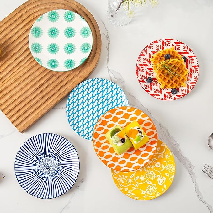 Ceramic Dessert Plates Set - 6 Inch Small Appetizer Plates for Kitchen - Salad Plate for Cake Snacks Side Dish, Microwave Dishwasher Safe, Gift, Assorted Colors