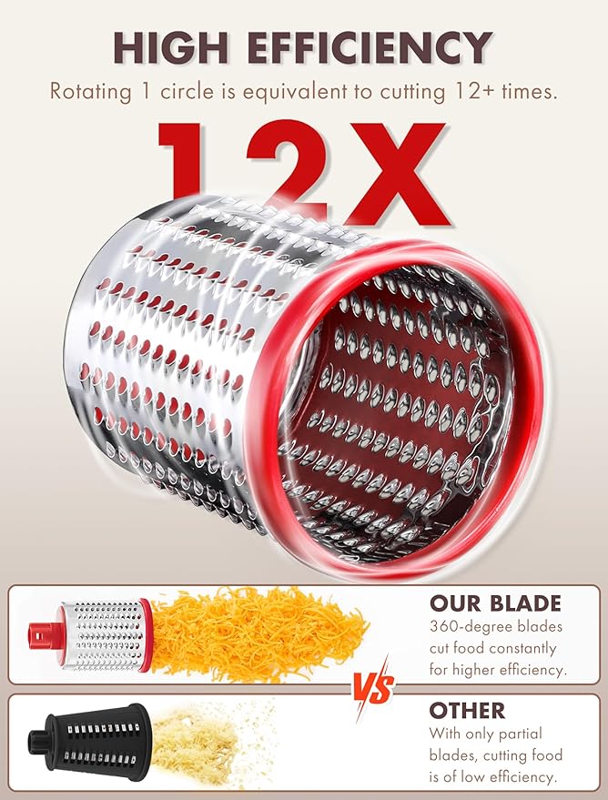 GDL Rotary Cheese Grater, Upgraded 5-in-1 Cheese Grater Hand Crank, Multi-purpose Cheese Shredder with Handle, Vegetable Slicer Cutter Ice Shaver for Potato, Carrot, Nuts, Chocolate