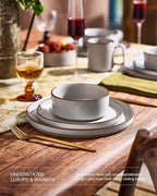 Famiware Nebula Ridge Stoneware Dinnerware Sets, Plates and Bowls Sets for 4, 12 Pieces Dishes Set, Microwave and Dishwasher Safe Kitchen Plates, Light Gray