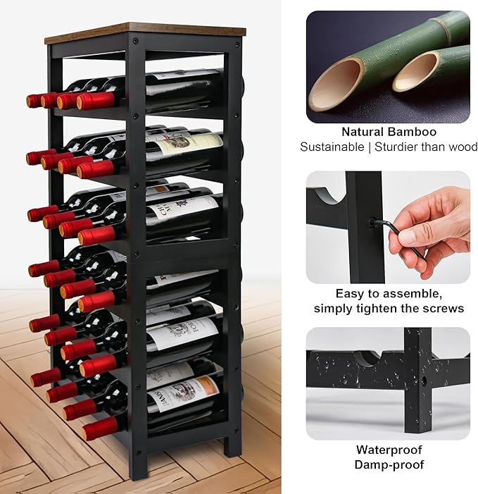 VASMIA Wine Rack Freestanding Floor, 6 Tier Bamboo Wine Storage Shelves with Table Top, 24-Botttle Wine Rack Shelf for Kitchen Bar Dining Room Living Room, Rustic Brown and Black
