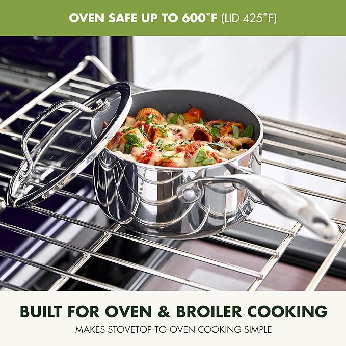 GreenPan Valencia Pro Tri-Ply Stainless Steel 1.5QT Saucepan with Lid, Ceramic Nonstick PFAS-Free, Multi Clad Cookware, Induction, Dishwasher Oven and Broiler Safe