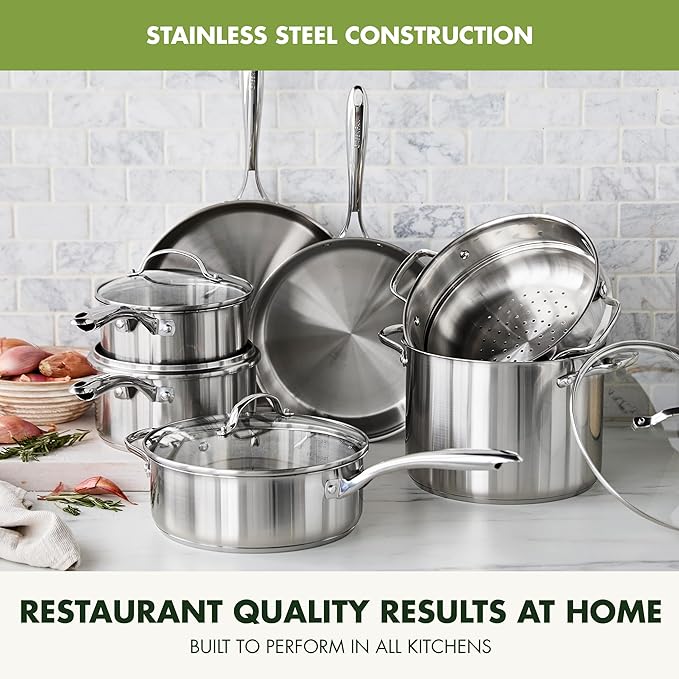 GreenPan 11 Piece Stainless Steel Cookware Set, Induction Ready, Tri-Ply Multiclad Pots & Pans with Lids, Compatible on All Cooktops, Measurement Markings, Dishwasher & Oven Safe,Swift, Silver Handles