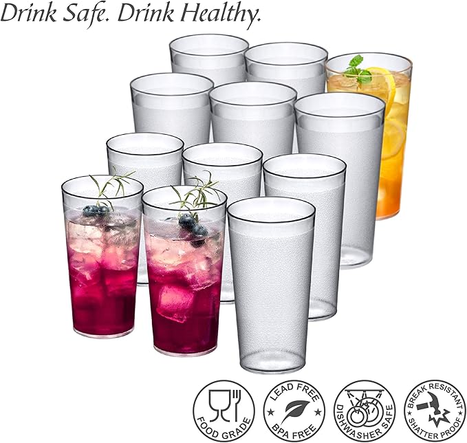 Amazing Abby - Cafely - 16-Ounce and 24-Ounce Plastic Tumblers (Set of 12), Plastic Drinking Glasses, Restaurant-Style Cups, Stackable, BPA-Free, Shatter-Proof, Dishwasher-Safe, Clear