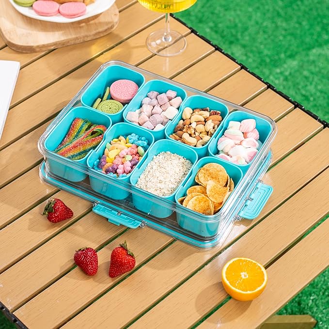Divided Snack Serving Tray with Lid and Handle Travel Snackle Charcuterie Container Portable Storage Organizer for Candy, Fruits, Nuts, Snacks, Party, Picnic (1pack, Lake blue)